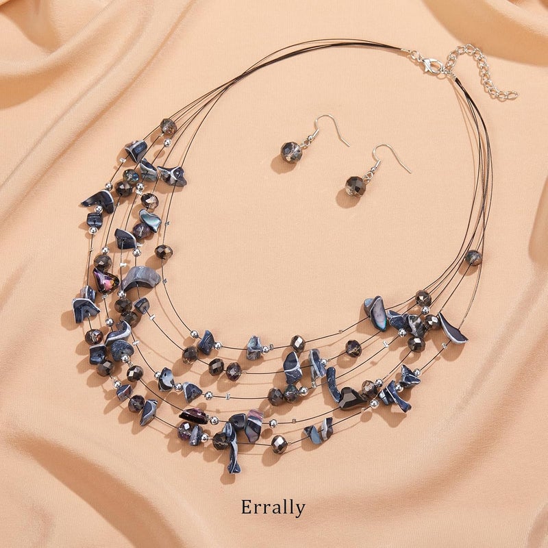 Errally Store Multi-Layer Boho Shell Beaded Necklace for Women Colorful Crystal Strand with Silver Beads Statement Collars Necklace and Earrings Costumes Jewelry Sets for Women - Image 2